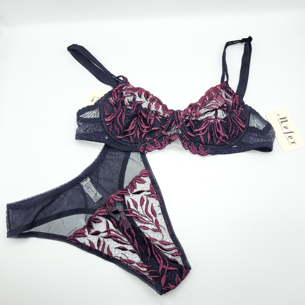 NWT Nefer Black/Purple Floral Mesh Bra and Panty Set Size 2/34B / Small